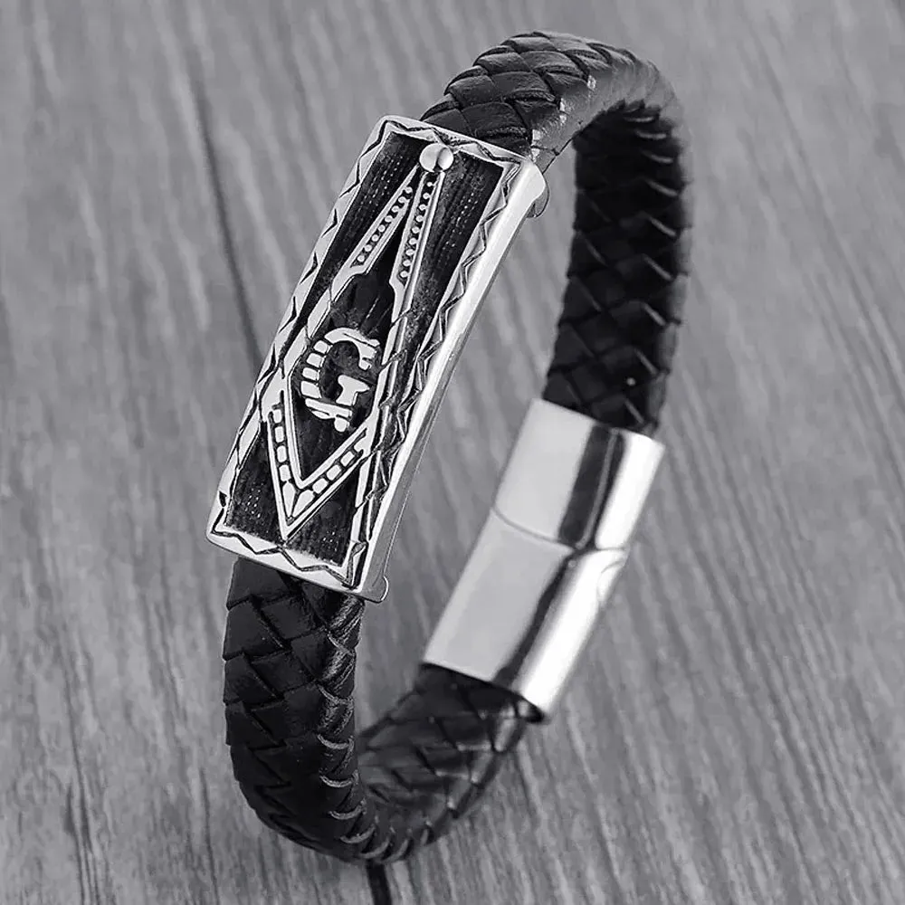 STEELBROS Magnetic Buckle Stainless Steel Masonic Bangle 12mm Genuine Leather Bracelet Men Hiphop Rock Jewelry Dropshipping