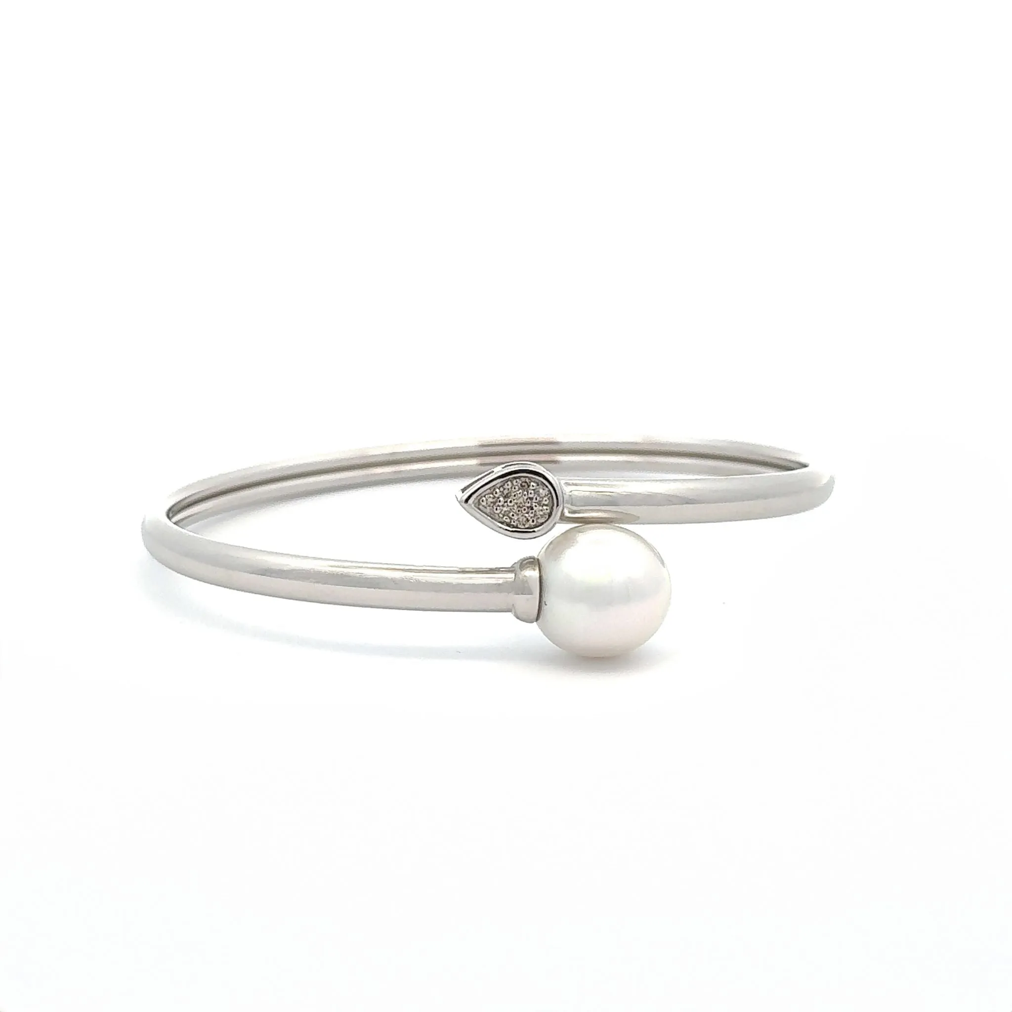 Sterling Silver Australian South Sea 11-12mm Cultured Pearl and Argyle Diamond Bangle