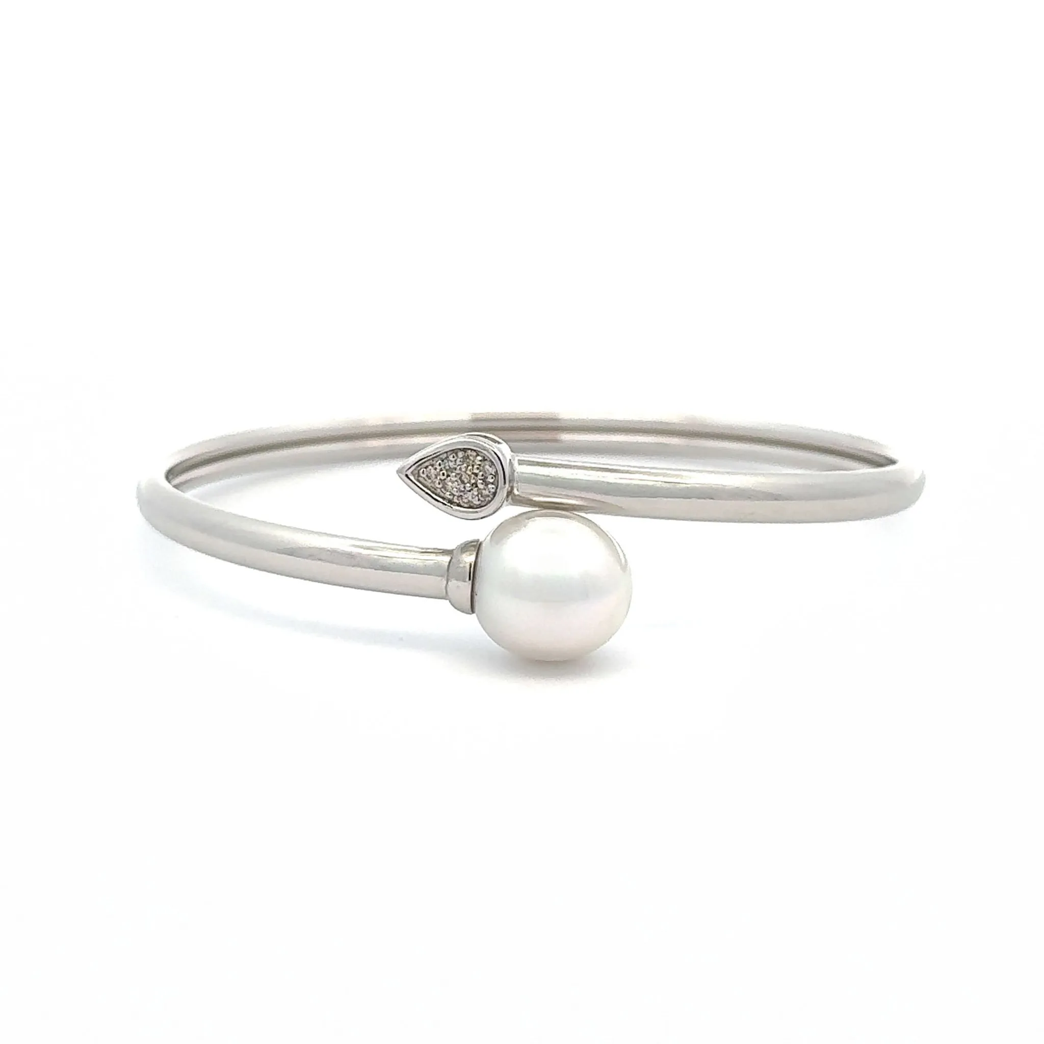 Sterling Silver Australian South Sea 11-12mm Cultured Pearl and Argyle Diamond Bangle