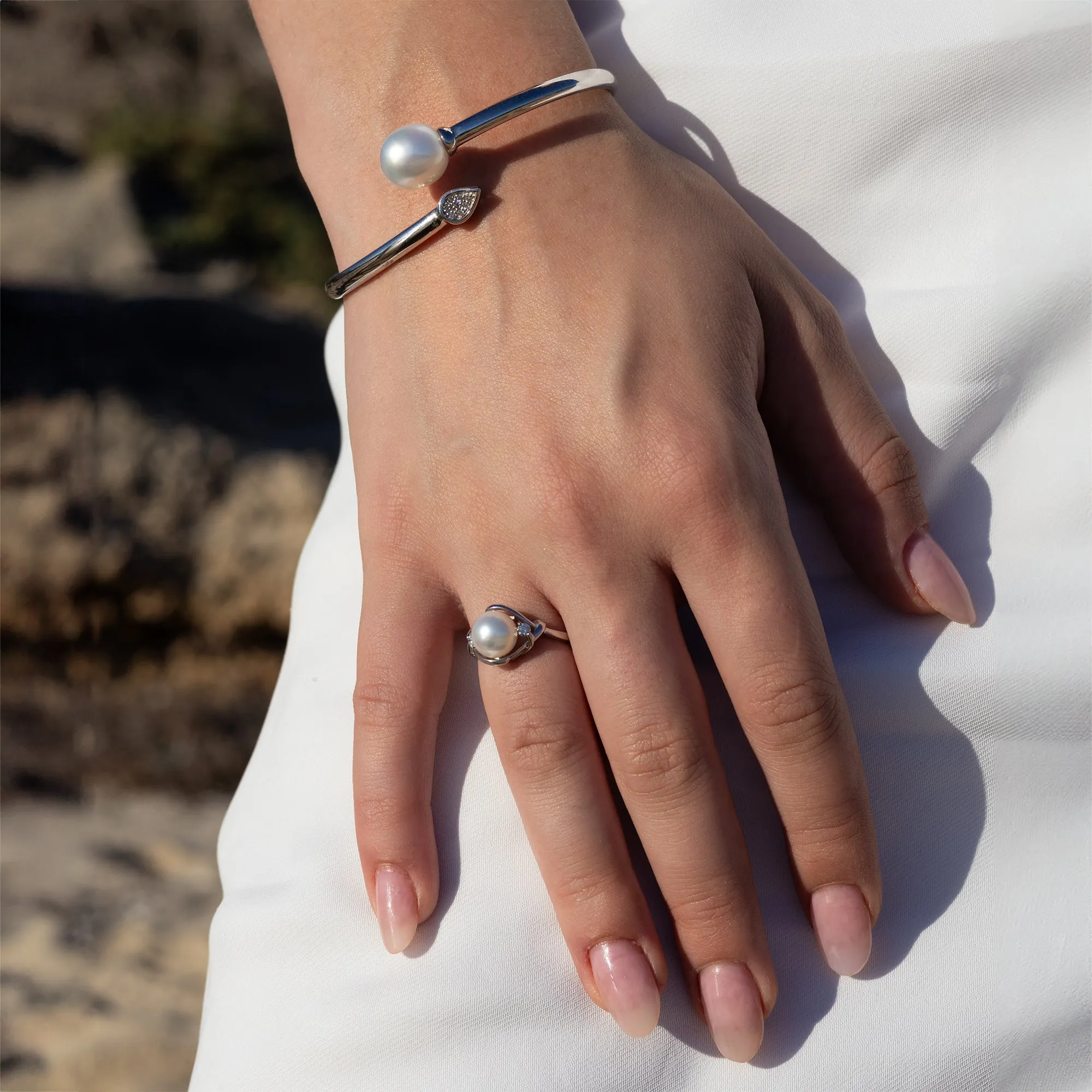 Sterling Silver Australian South Sea 11-12mm Cultured Pearl and Argyle Diamond Bangle