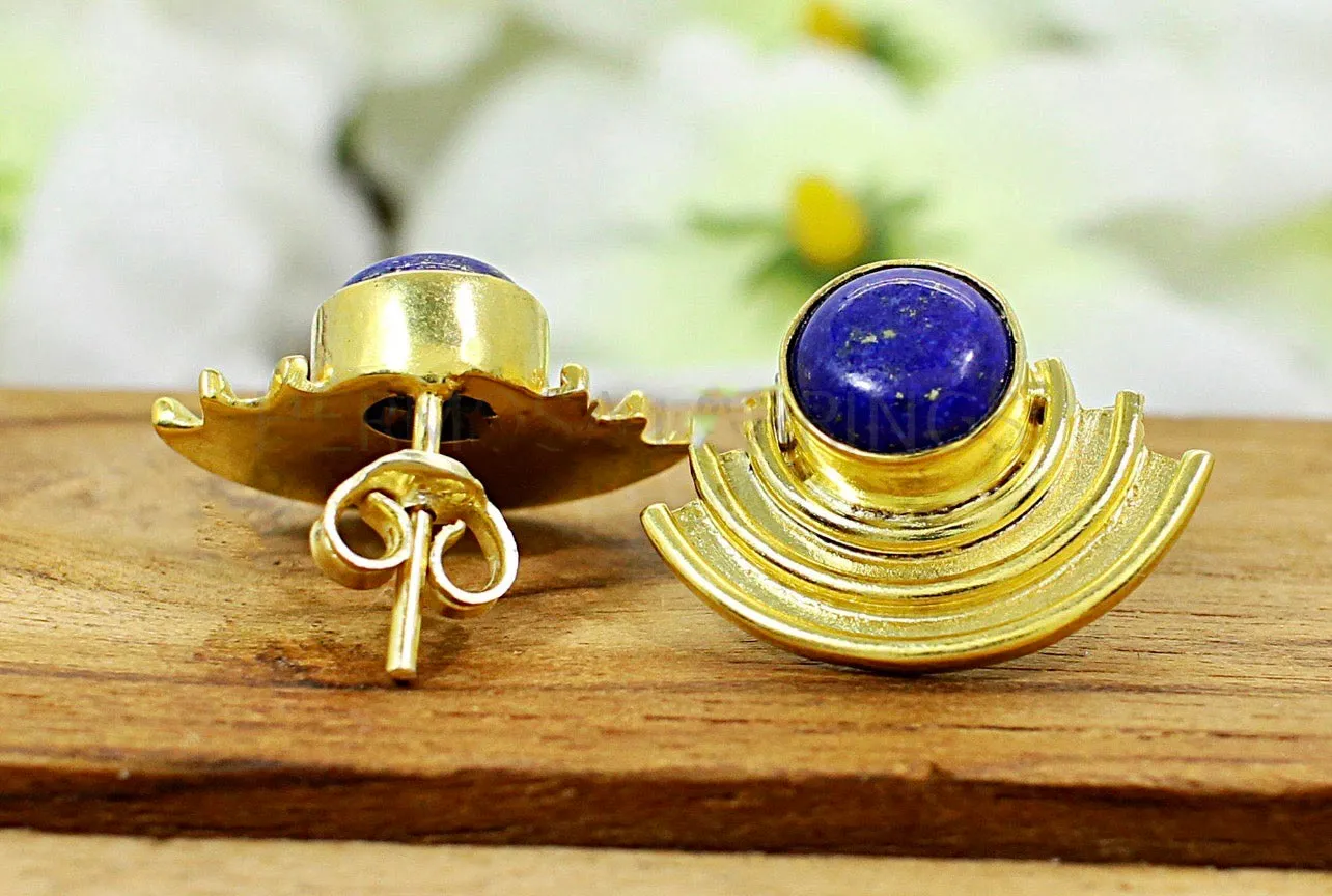 Stylish Lapis Lazuli Gemstone Gold Stud Earrings 1.0"