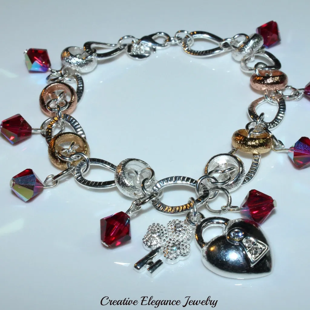 Swarovski Crystals Ruby, Heart And Key Silver Charms Bracelet