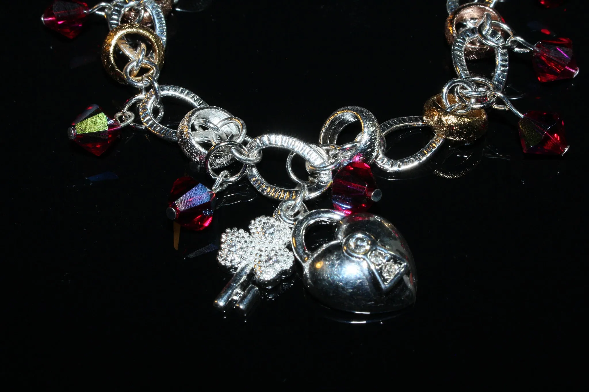 Swarovski Crystals Ruby, Heart And Key Silver Charms Bracelet