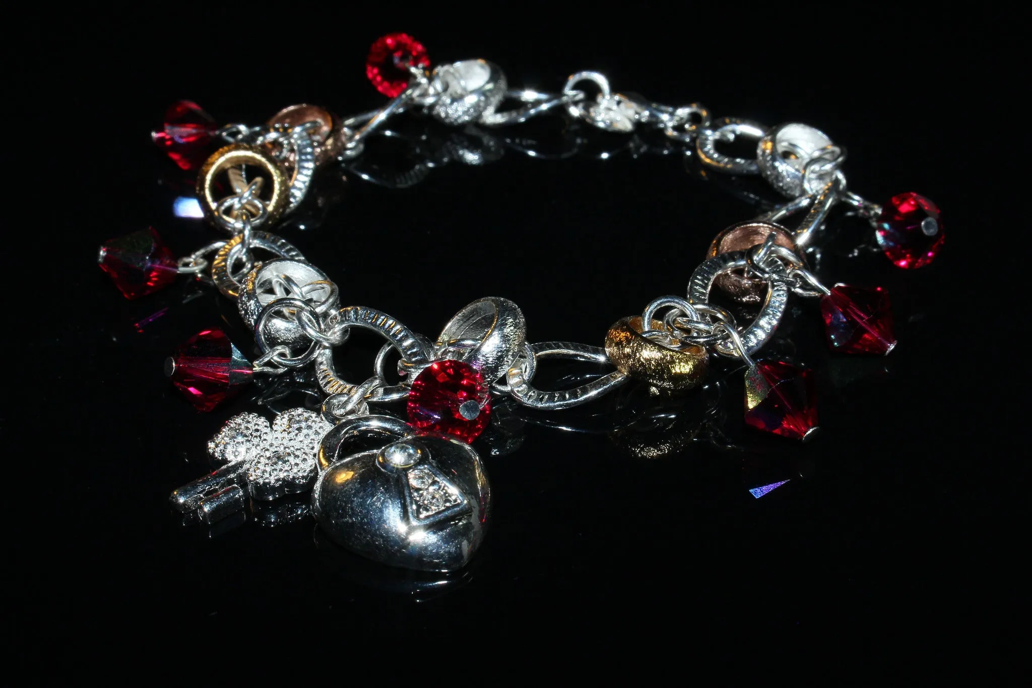 Swarovski Crystals Ruby, Heart And Key Silver Charms Bracelet