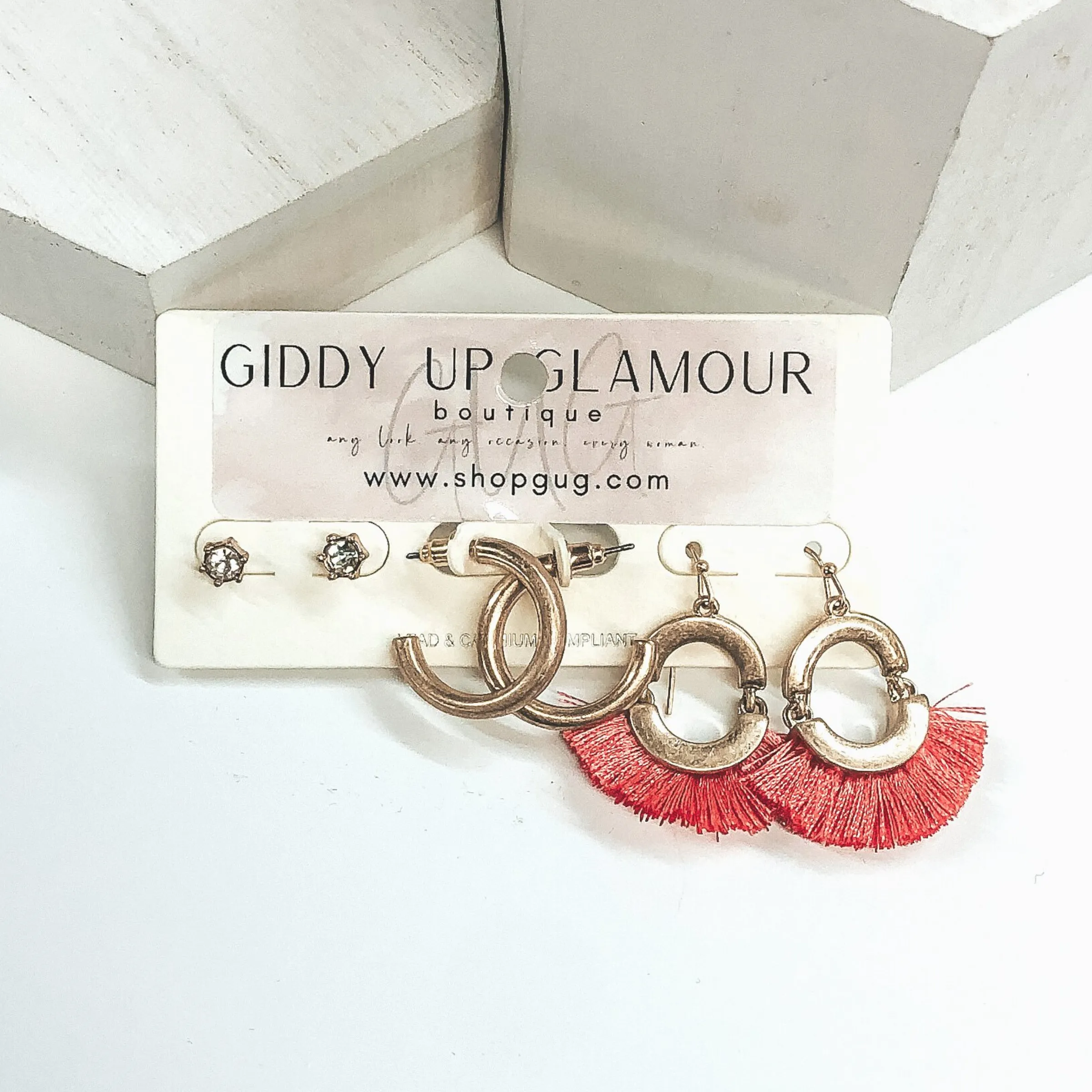 Tassel Gold Earring Set in Coral