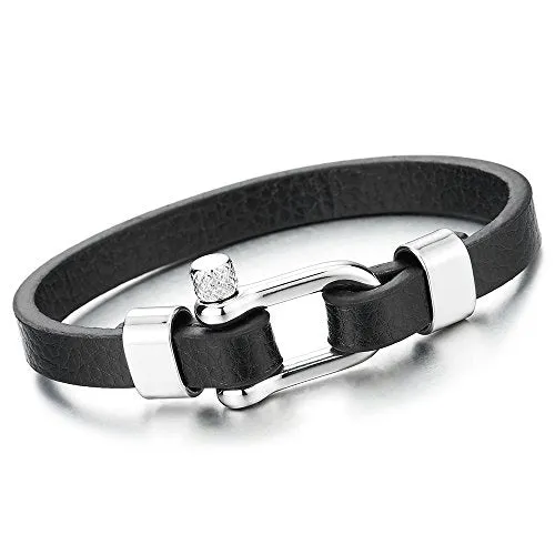 Thin Steel Screw Anchor Shackles Black Leather Bracelet Men Women, Nautical Sailor Bangle Wristband