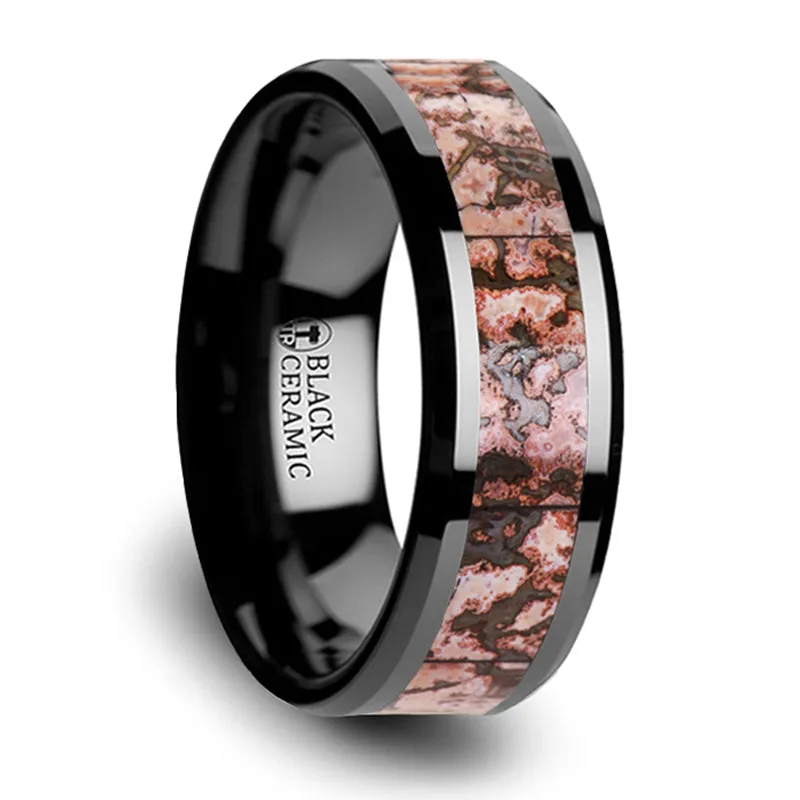 Thorsten Cambrian Pink Dinosaur Bone Inlaid Black Ceramic Beveled Edged Ring (8mm) C3815-TCDB