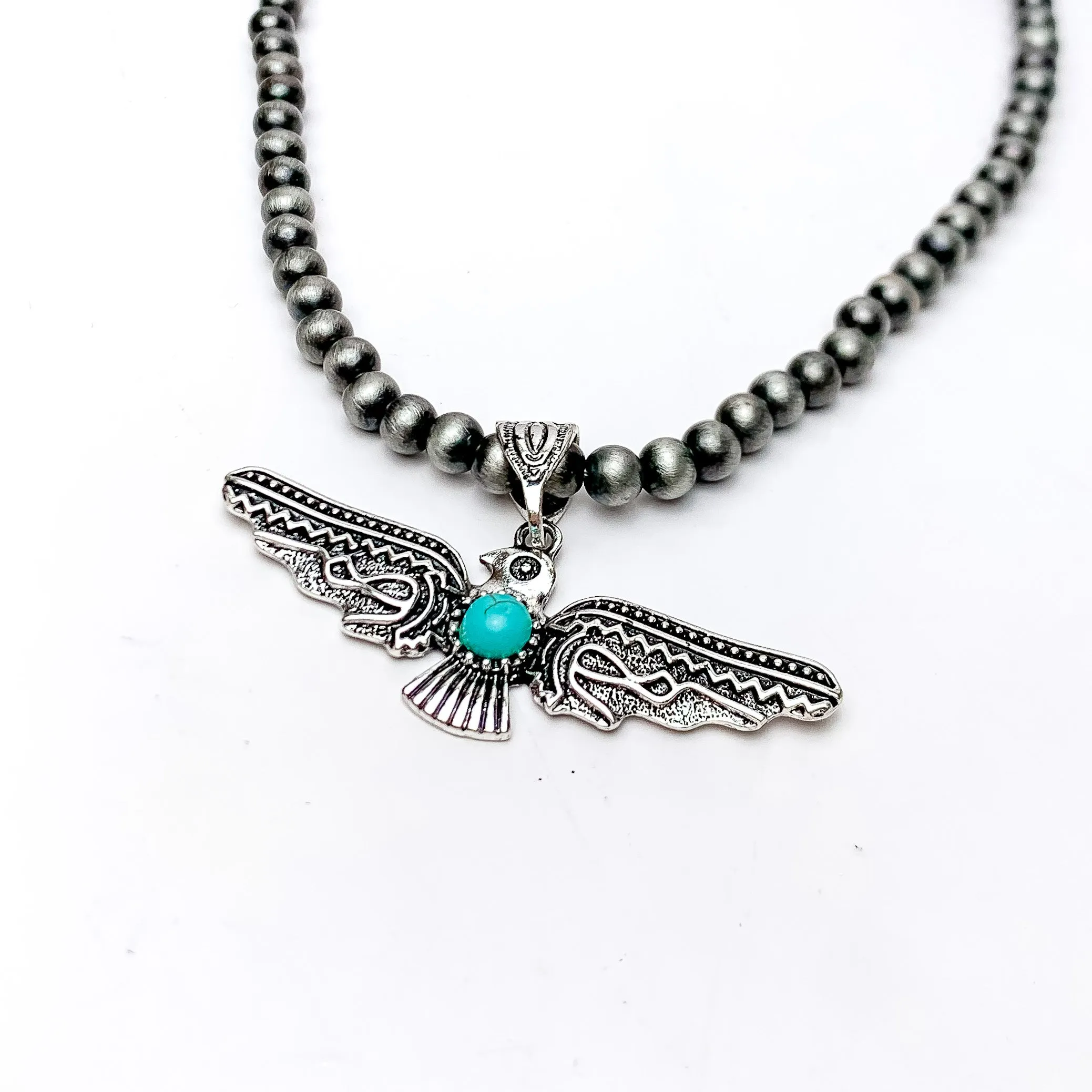 Thunder Bird Pendent Silver Tone Beaded Necklace