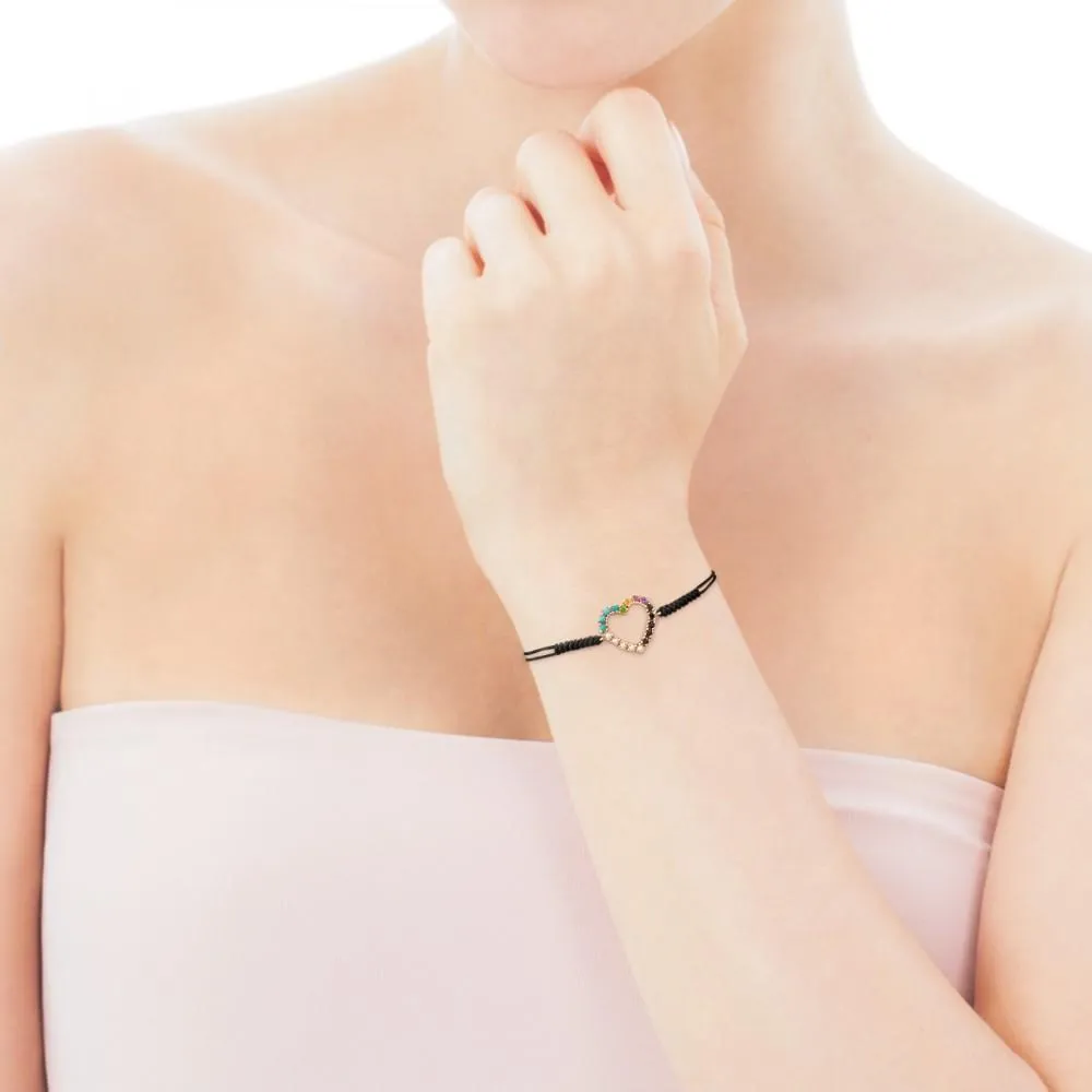 Tous Rose Gold Vermeil San Valentín heart Bracelet with Gemstones and black Cord 915301510