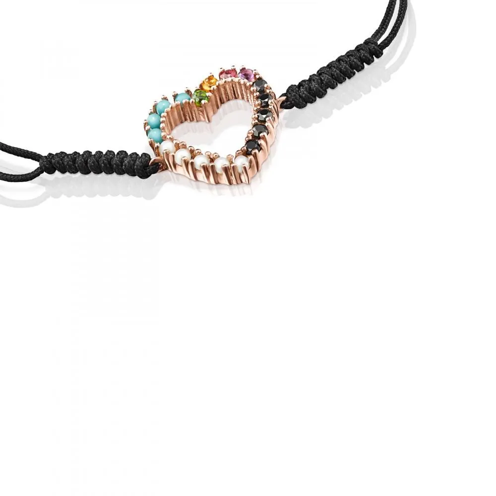 Tous Rose Gold Vermeil San Valentín heart Bracelet with Gemstones and black Cord 915301510