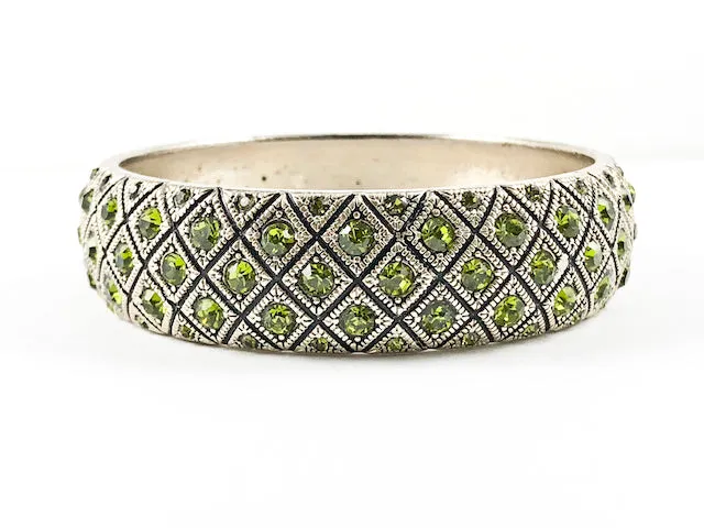 Unique Textured Diamond Green Crystals Pattern Eternity Style Thick Gold Tone Fashion Bangle