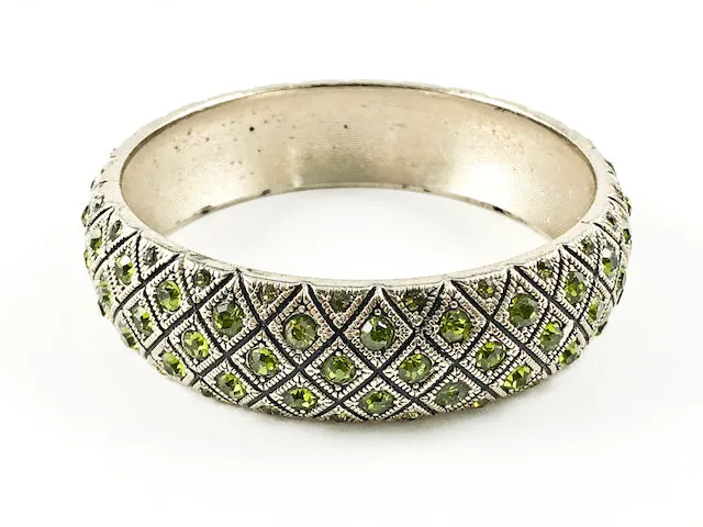 Unique Textured Diamond Green Crystals Pattern Eternity Style Thick Gold Tone Fashion Bangle