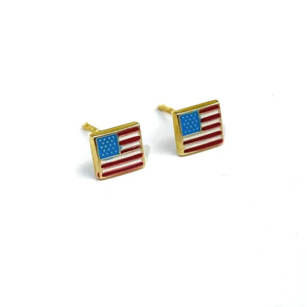 USA American Flag Stud Earrings Screw Back in 14K Gold for Womens Baby Girls 5mm