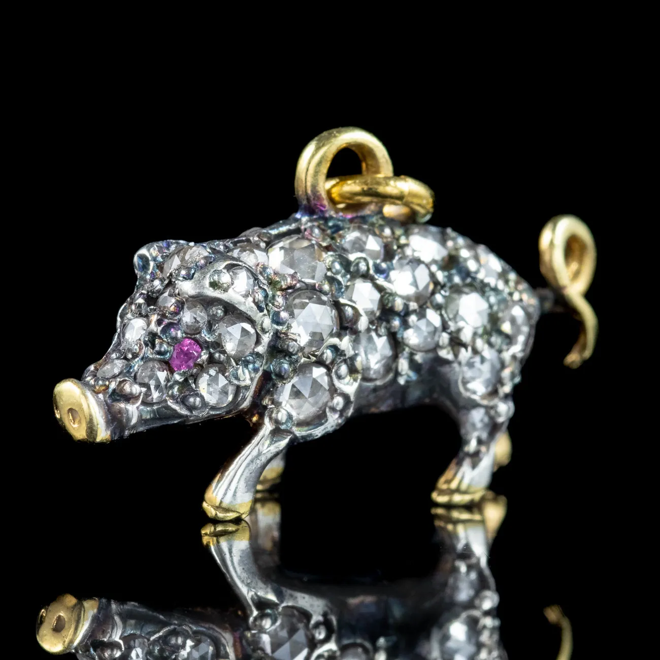 Victorian Style Rose Cut Diamond Pig Pendant Ruby Eyes 1.5ct Total