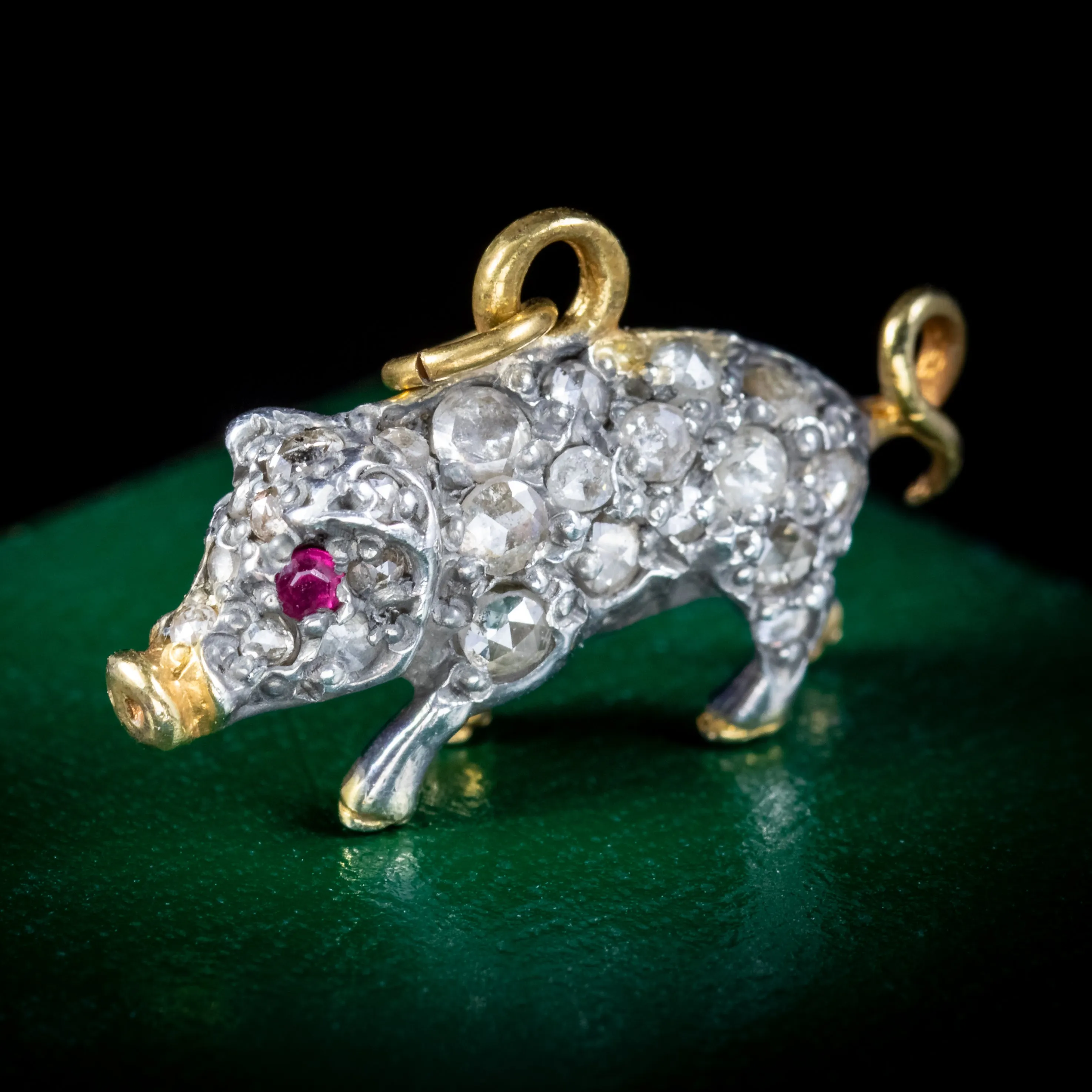 Victorian Style Rose Cut Diamond Pig Pendant Ruby Eyes 1.5ct Total