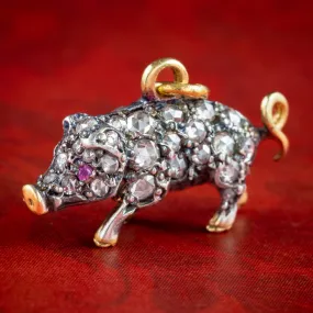 Victorian Style Rose Cut Diamond Pig Pendant Ruby Eyes 1.5ct Total