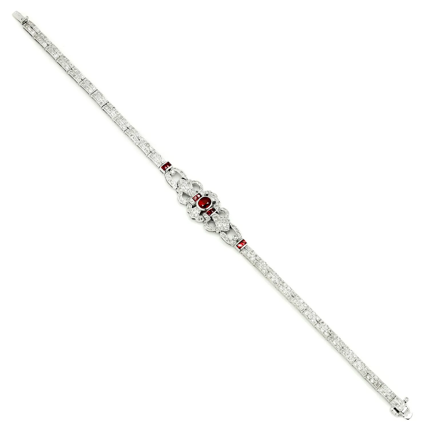 Vintage Art Deco Style Ruby Bracelet with Diamonds White Gold