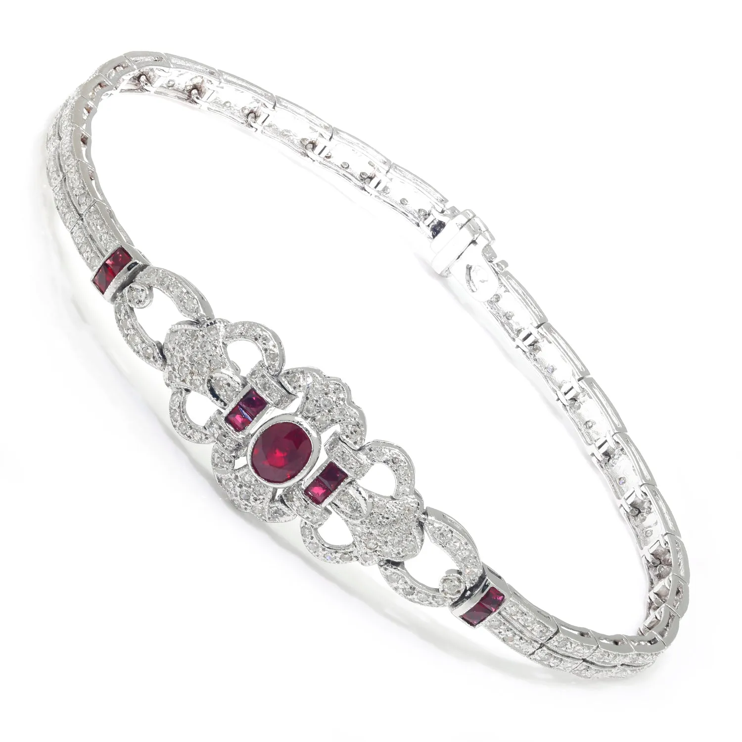 Vintage Art Deco Style Ruby Bracelet with Diamonds White Gold