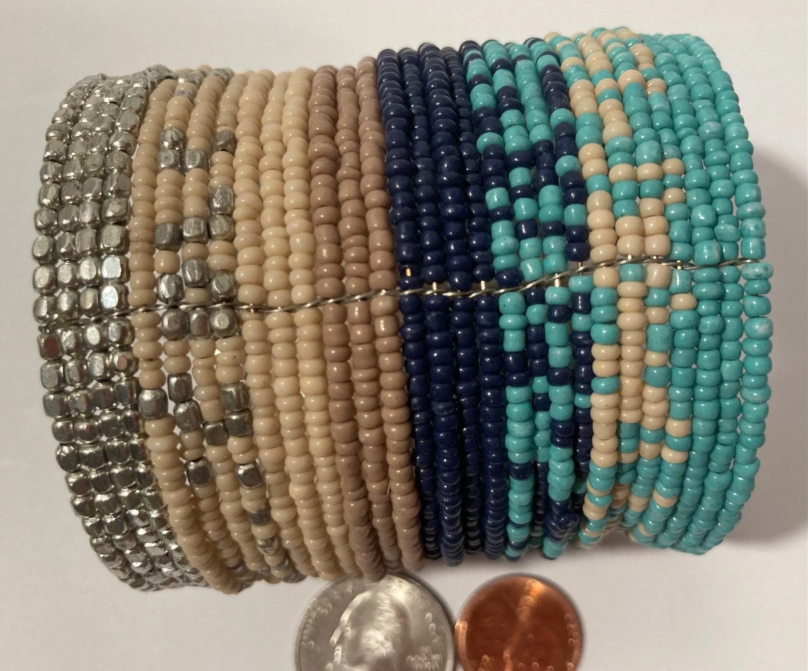 Vintage Metal and Beaded Stone Design Native Bracelet, Long, 2 3/4, Nice Design, Western, Quality, Heavy Duty