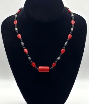 Vintage Red Glass, Black Wood, and Silver Tone Metal Bead Necklace - 18.25"