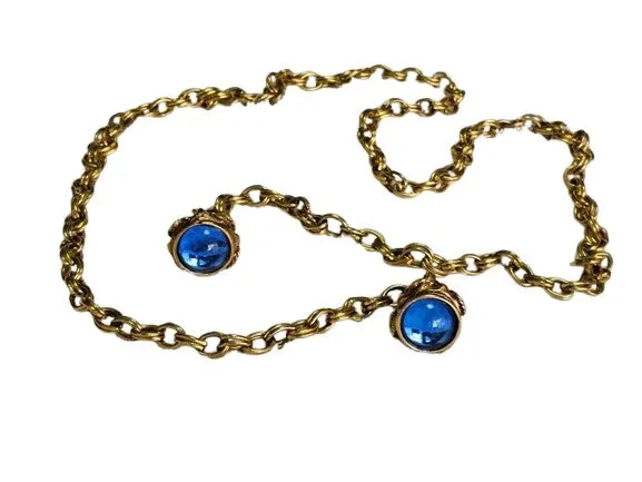 VINTAGE ROYAL BLUE CABOCHONS AND SPARKLING RHINESTONES GOLD TONE METAL CHAIN BELT OR NECKLACE