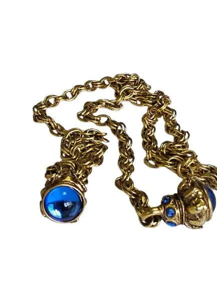 VINTAGE ROYAL BLUE CABOCHONS AND SPARKLING RHINESTONES GOLD TONE METAL CHAIN BELT OR NECKLACE