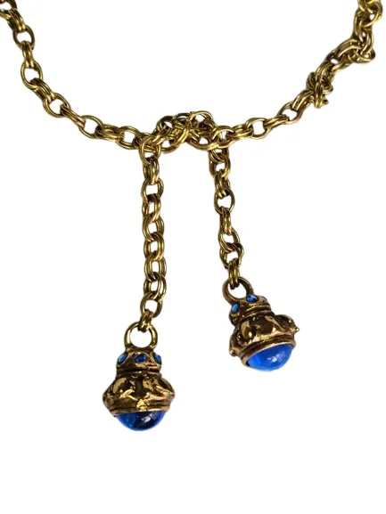 VINTAGE ROYAL BLUE CABOCHONS AND SPARKLING RHINESTONES GOLD TONE METAL CHAIN BELT OR NECKLACE