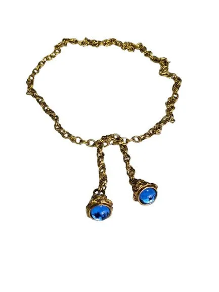 VINTAGE ROYAL BLUE CABOCHONS AND SPARKLING RHINESTONES GOLD TONE METAL CHAIN BELT OR NECKLACE