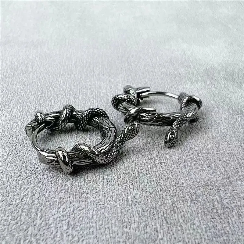 Vintage Snake Tangled Plant Vines Earrings Gothic Black Mamba Viper Hypoallergenic Earrings Men\'s Biker Rock Rap Jewelry Gift