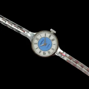 Vintage Soviet womens mechanical mini watch bracelet Chaika, cocktail wristwatch, blue dial, roman numerals