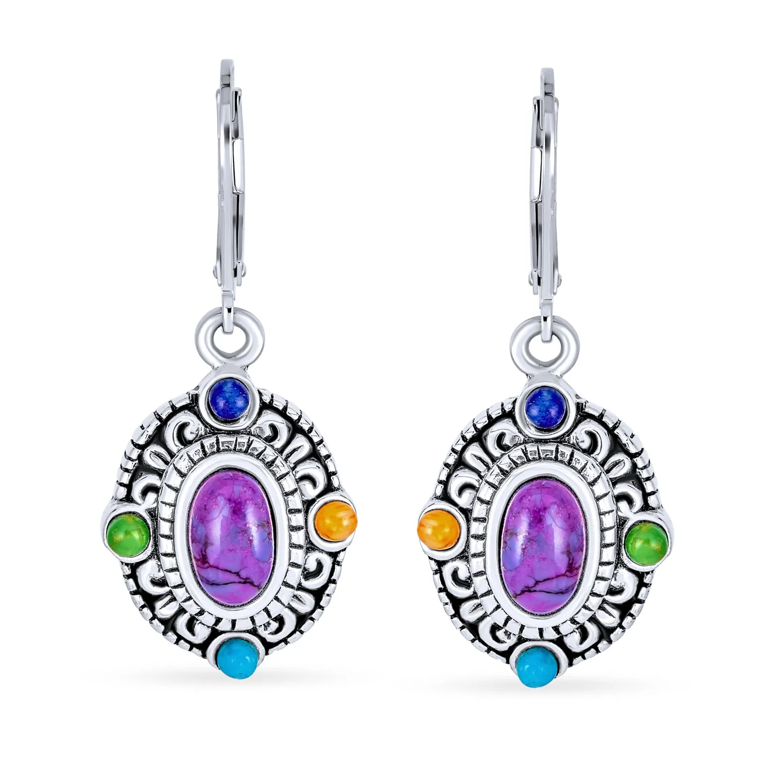 Western Multicolor Dangle Gemstone Earrings Purple Turquoise Sterling Silver