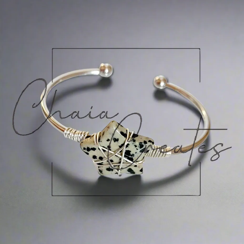 Wire Wrapped Dalmatian Jasper Star Silver Bangle Bracelet