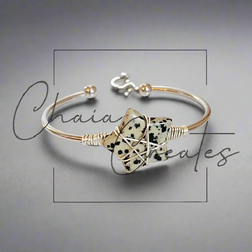 Wire Wrapped Dalmatian Jasper Star Silver Bangle Bracelet