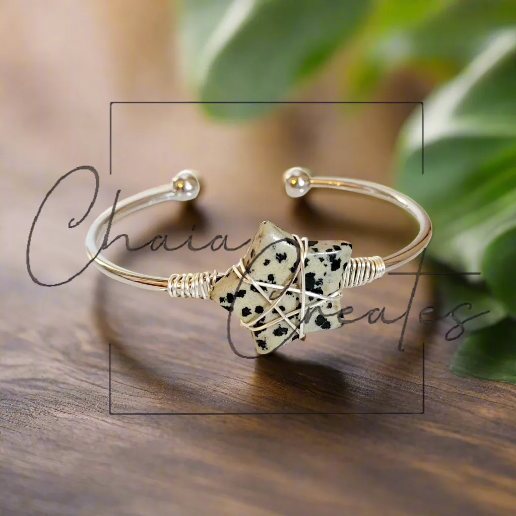 Wire Wrapped Dalmatian Jasper Star Silver Bangle Bracelet