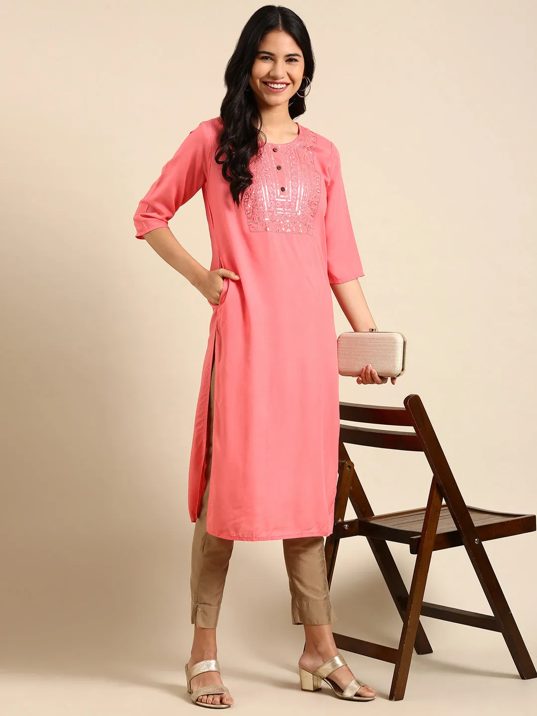 Women's Coral Solid Straight Kurta