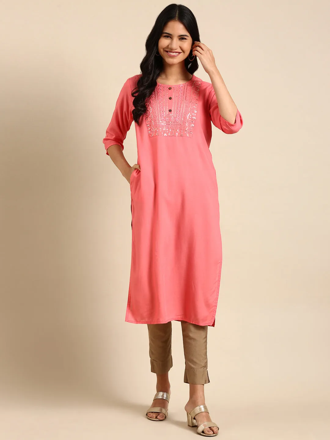 Women's Coral Solid Straight Kurta