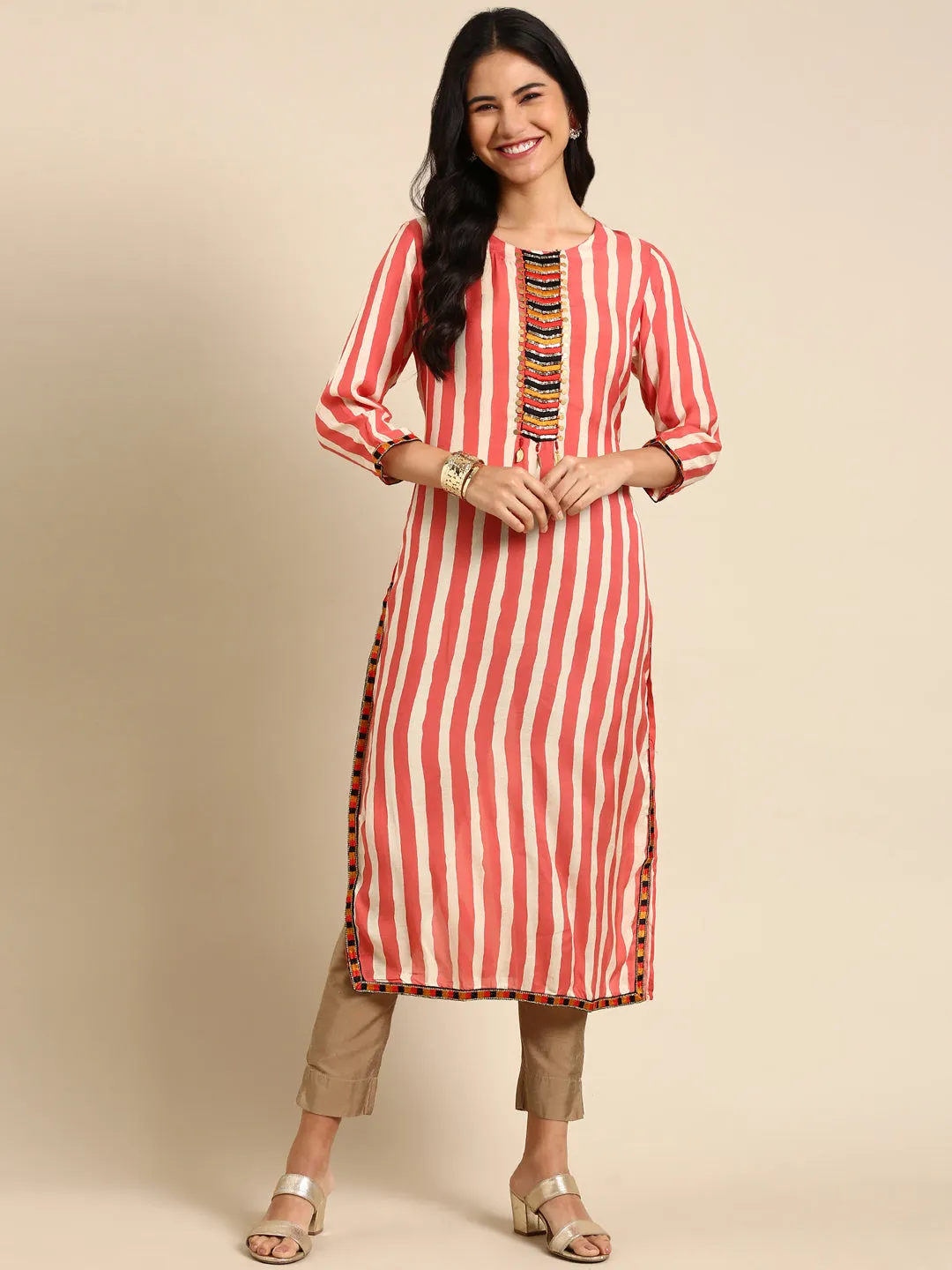 Women's Coral Striped Straight Kurta