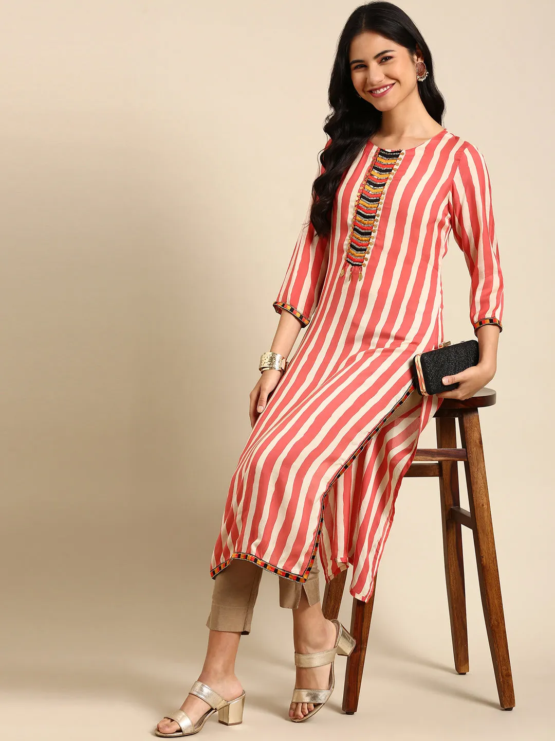 Women's Coral Striped Straight Kurta