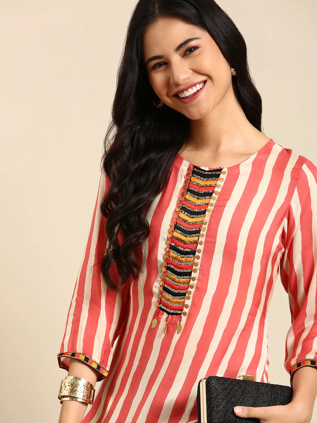 Women's Coral Striped Straight Kurta