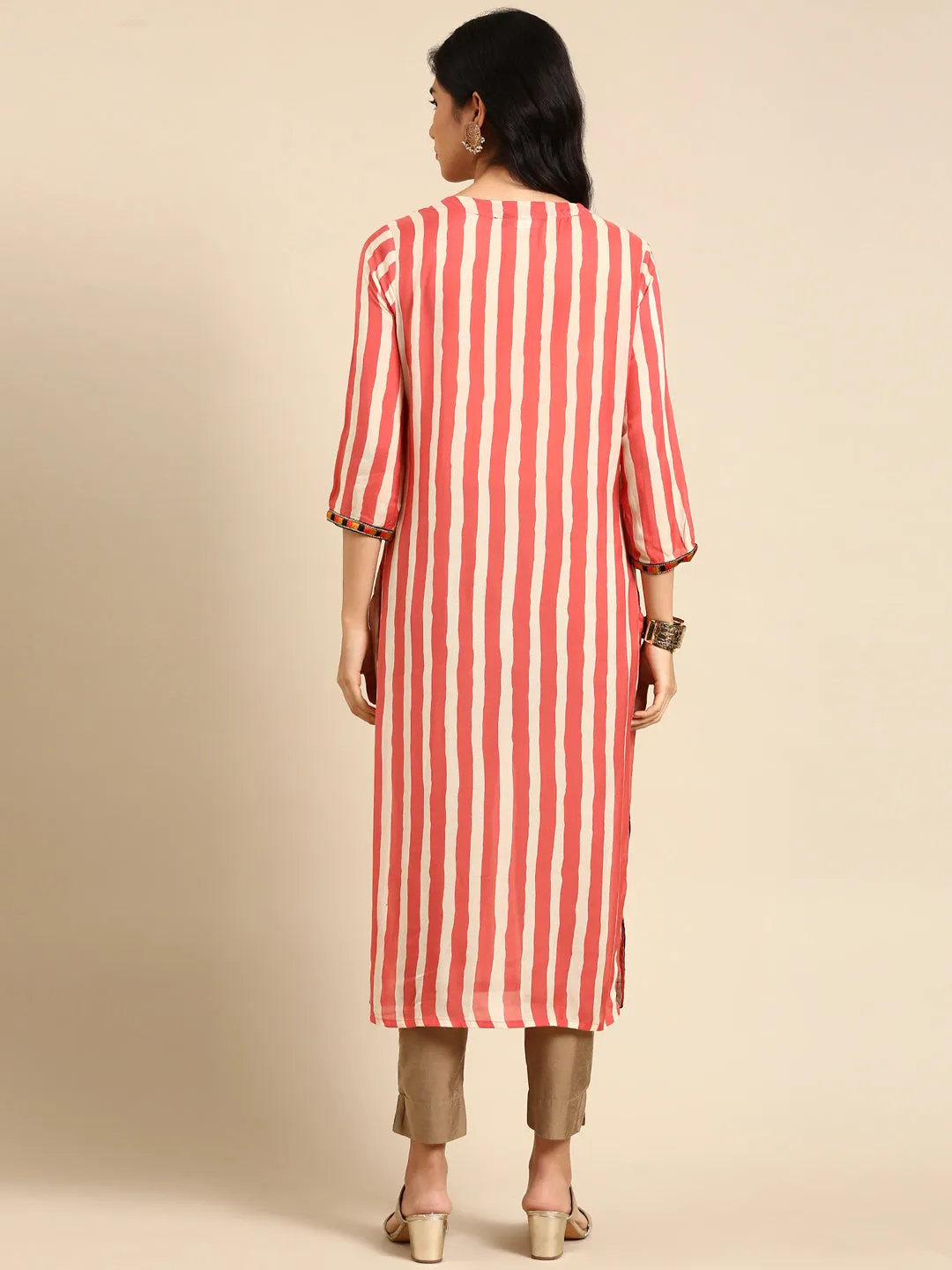 Women's Coral Striped Straight Kurta