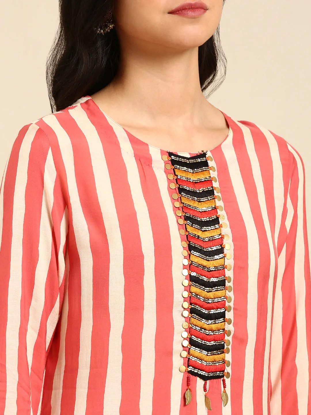 Women's Coral Striped Straight Kurta