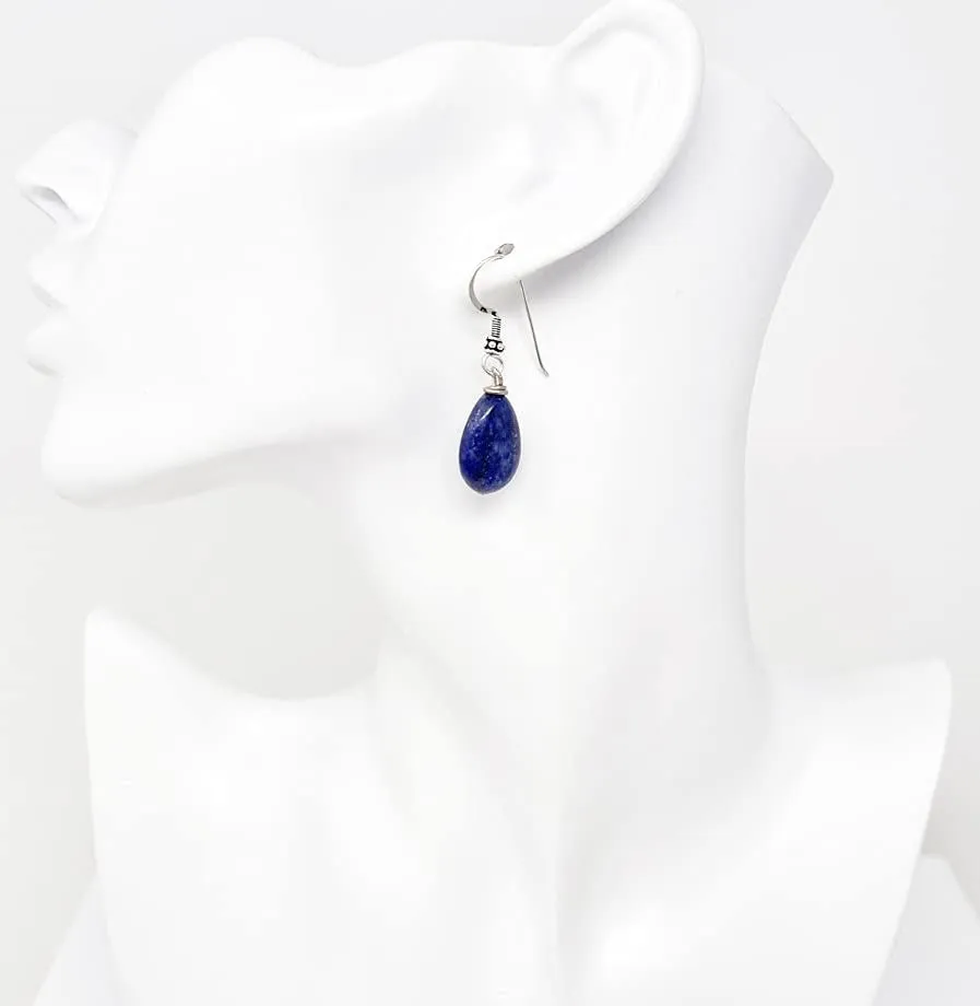 Women's Handmade Teardrop Lapis Lazuli Gemstone Earrings with 925 Silver Hooks