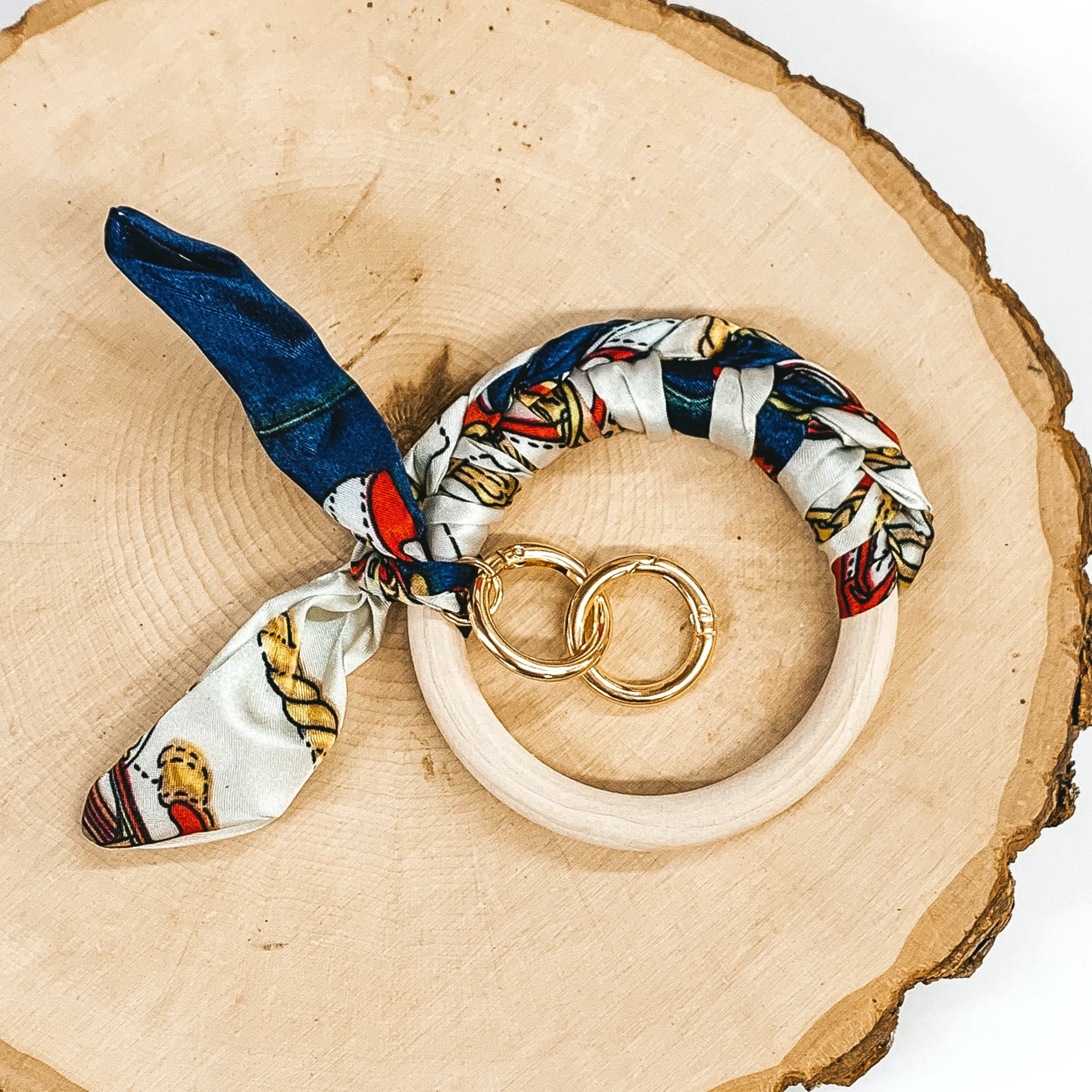 Wooden Bangle Key Ring with Wrapped Scarf in Navy/White