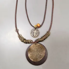 Wooden Disc Beaded Cross Coin Long Western Necklace