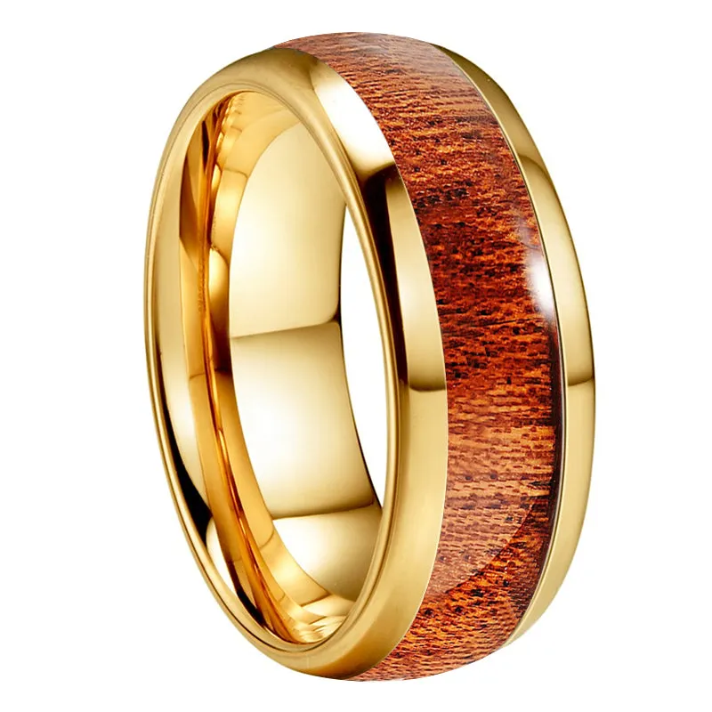 Yellow Gold & Wood Inlay Tungsten Wedding Ring (8mm)